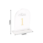 Clear Arch Acrylic Table Numbers (1 - 10) - 6"x7" Wedding Reception Signs with Gold Print & Stands - Bell Racket Store