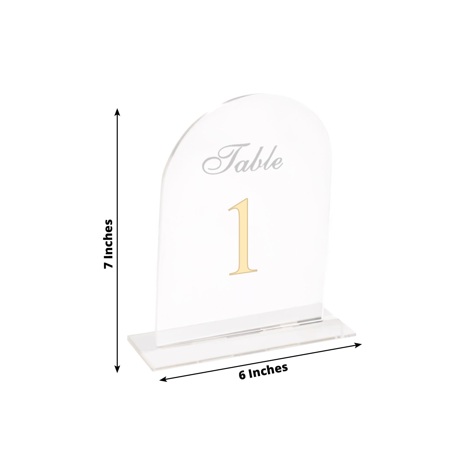 Clear Arch Acrylic Table Numbers (1 - 10) - 6"x7" Wedding Reception Signs with Gold Print & Stands - Bell Racket Store
