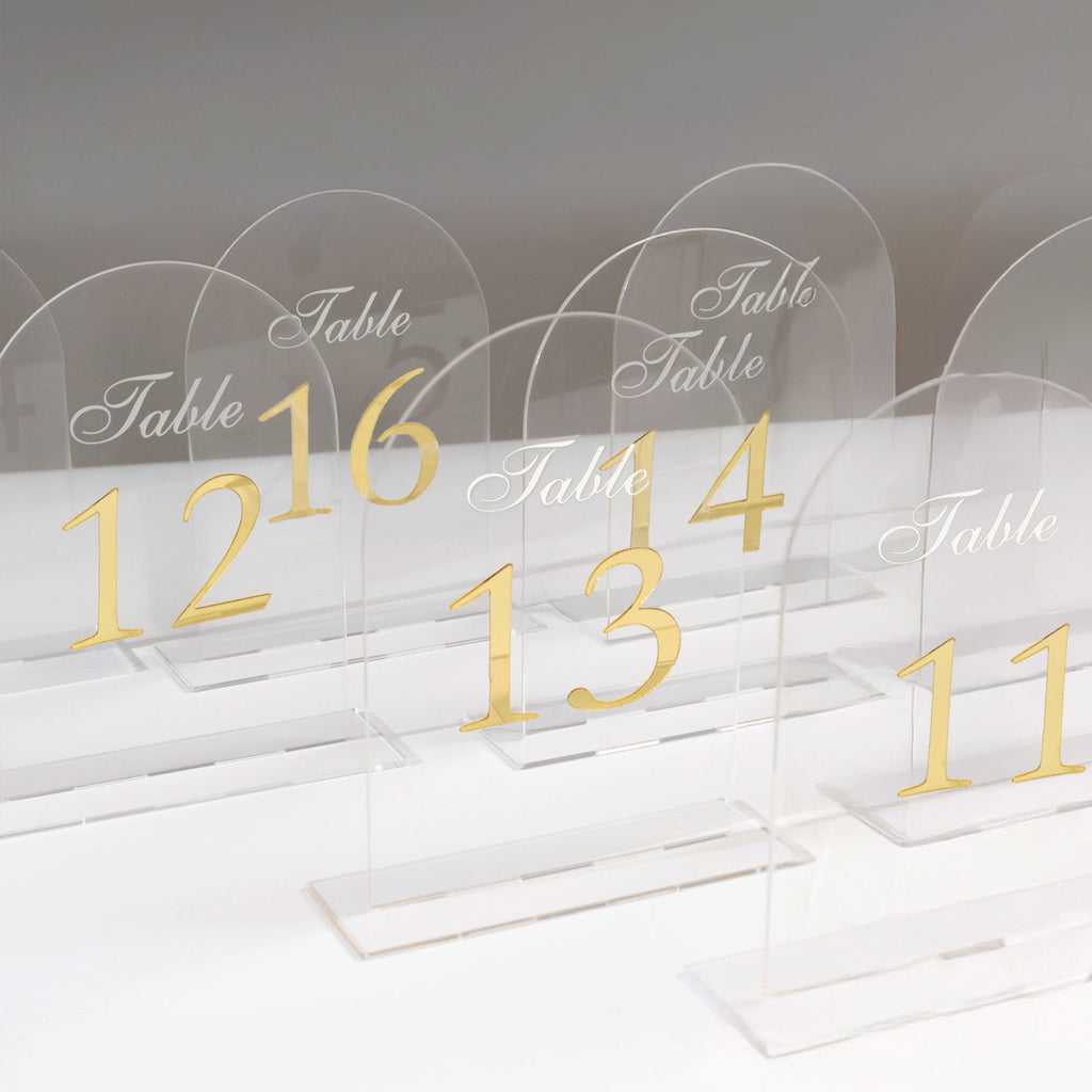Clear Arch Acrylic Table Numbers (11 - 20) - 6"x7" Wedding Reception Signs with Gold Print & Stands - Bell Racket Store