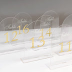 Clear Arch Acrylic Table Numbers (11 - 20) - 6"x7" Wedding Reception Signs with Gold Print & Stands - Bell Racket Store