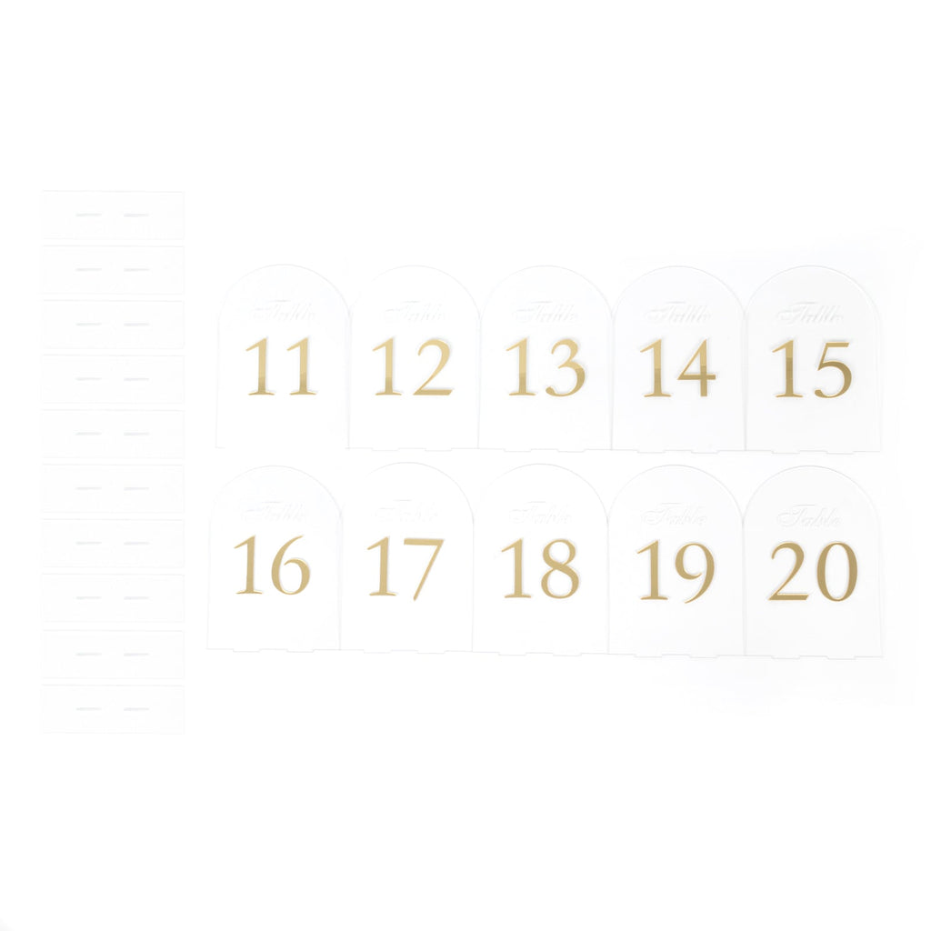 Clear Arch Acrylic Table Numbers (11 - 20) - 6"x7" Wedding Reception Signs with Gold Print & Stands - Bell Racket Store