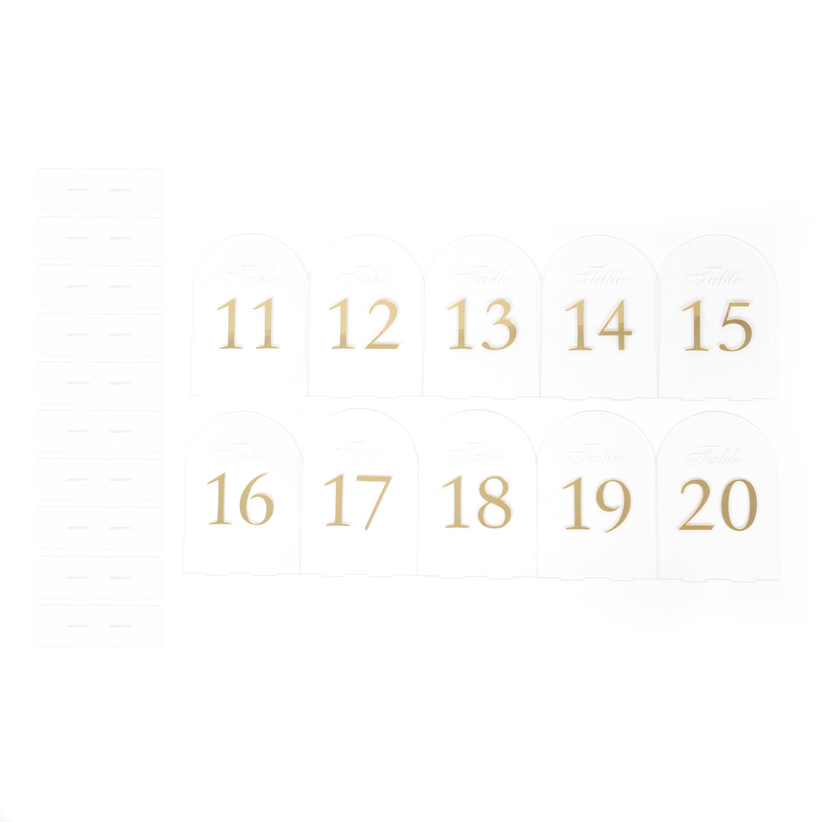 Clear Arch Acrylic Table Numbers (11 - 20) - 6"x7" Wedding Reception Signs with Gold Print & Stands - Bell Racket Store