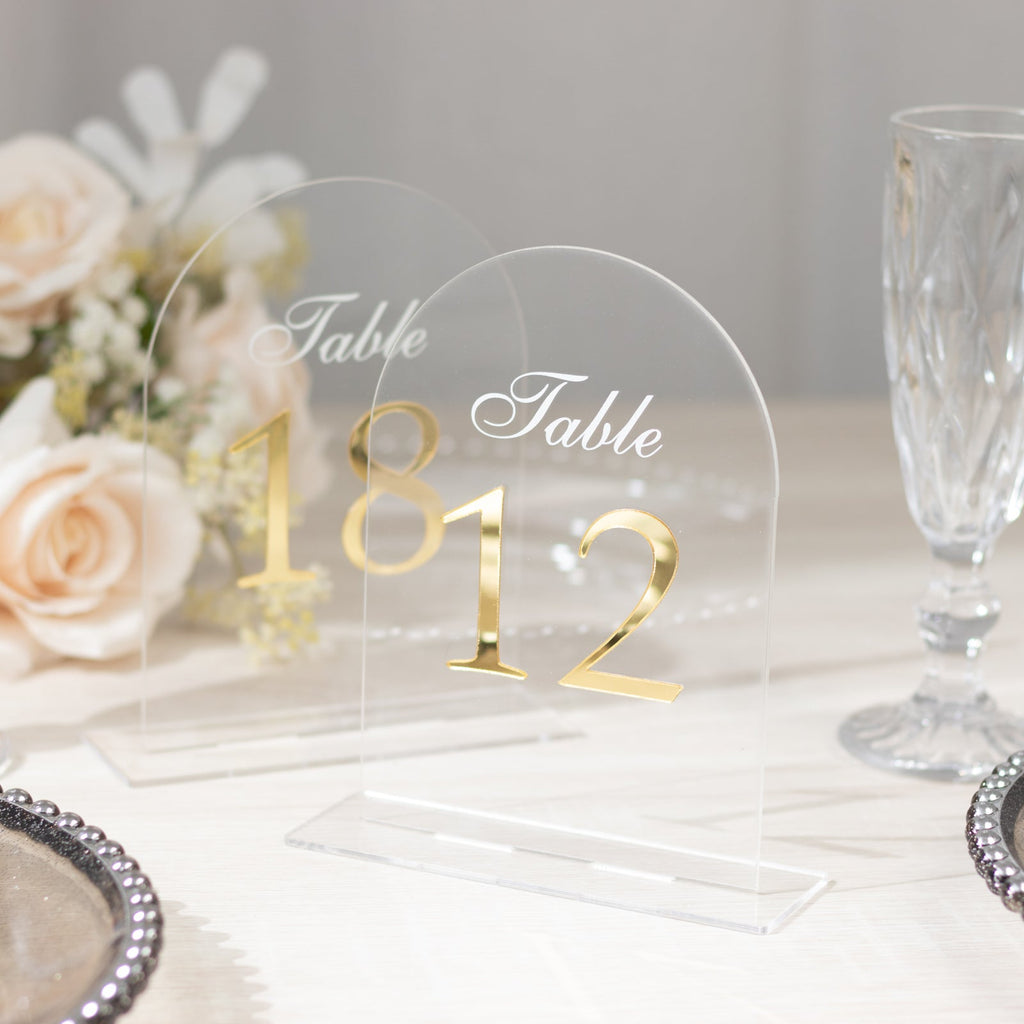 Clear Arch Acrylic Table Numbers (11 - 20) - 6"x7" Wedding Reception Signs with Gold Print & Stands - Bell Racket Store