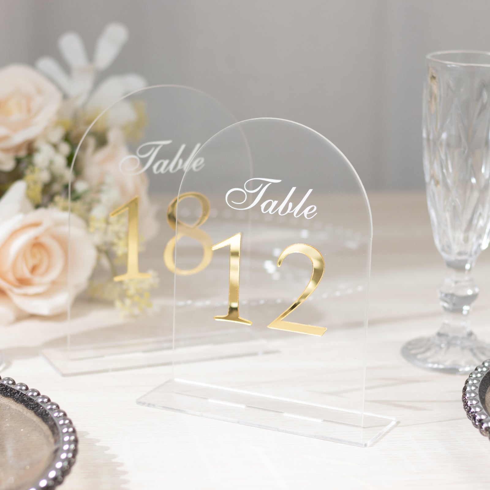 Clear Arch Acrylic Table Numbers (11 - 20) - 6"x7" Wedding Reception Signs with Gold Print & Stands - Bell Racket Store