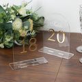 Clear Arch Acrylic Table Numbers (11 - 20) - 6"x7" Wedding Reception Signs with Gold Print & Stands - Bell Racket Store