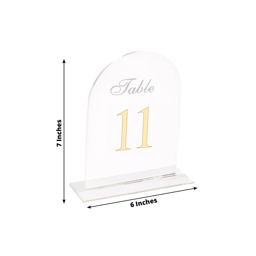 Clear Arch Acrylic Table Numbers (11 - 20) - 6"x7" Wedding Reception Signs with Gold Print & Stands - Bell Racket Store