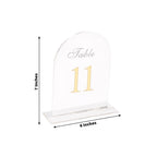 Clear Arch Acrylic Table Numbers (11 - 20) - 6"x7" Wedding Reception Signs with Gold Print & Stands - Bell Racket Store