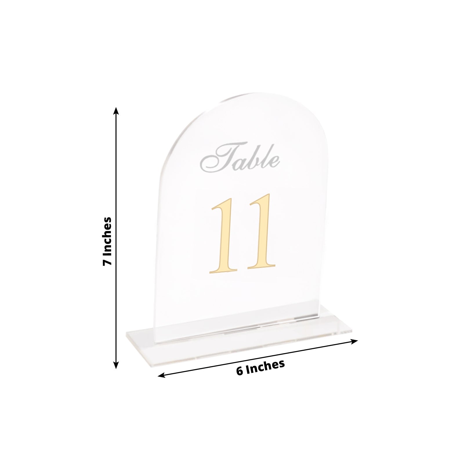 Clear Arch Acrylic Table Numbers (11 - 20) - 6"x7" Wedding Reception Signs with Gold Print & Stands - Bell Racket Store