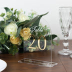 Clear Arch Acrylic Table Numbers (11 - 20) - 6"x7" Wedding Reception Signs with Gold Print & Stands - Bell Racket Store