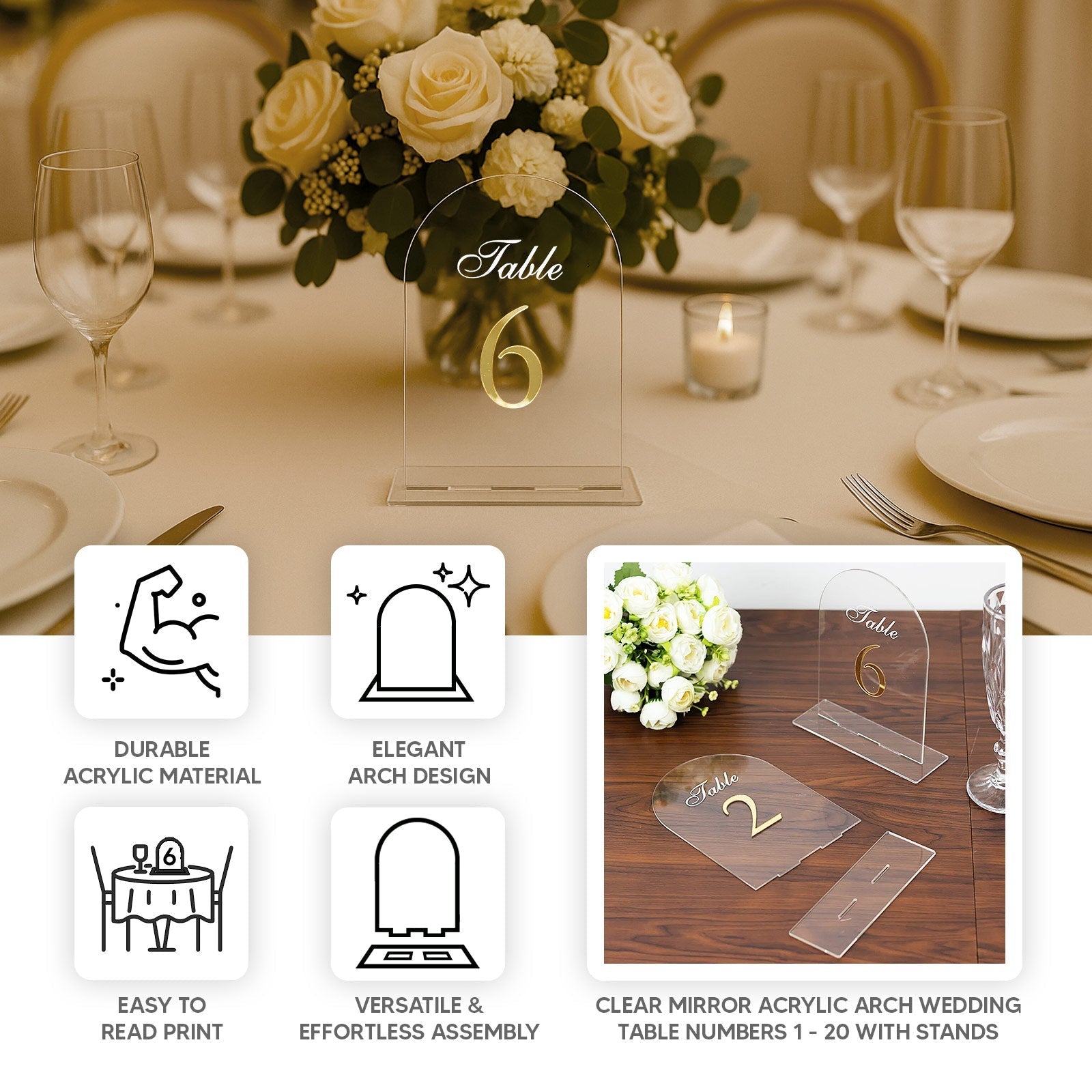 Clear Arch Acrylic Table Numbers (11 - 20) - 6"x7" Wedding Reception Signs with Gold Print & Stands - Bell Racket Store