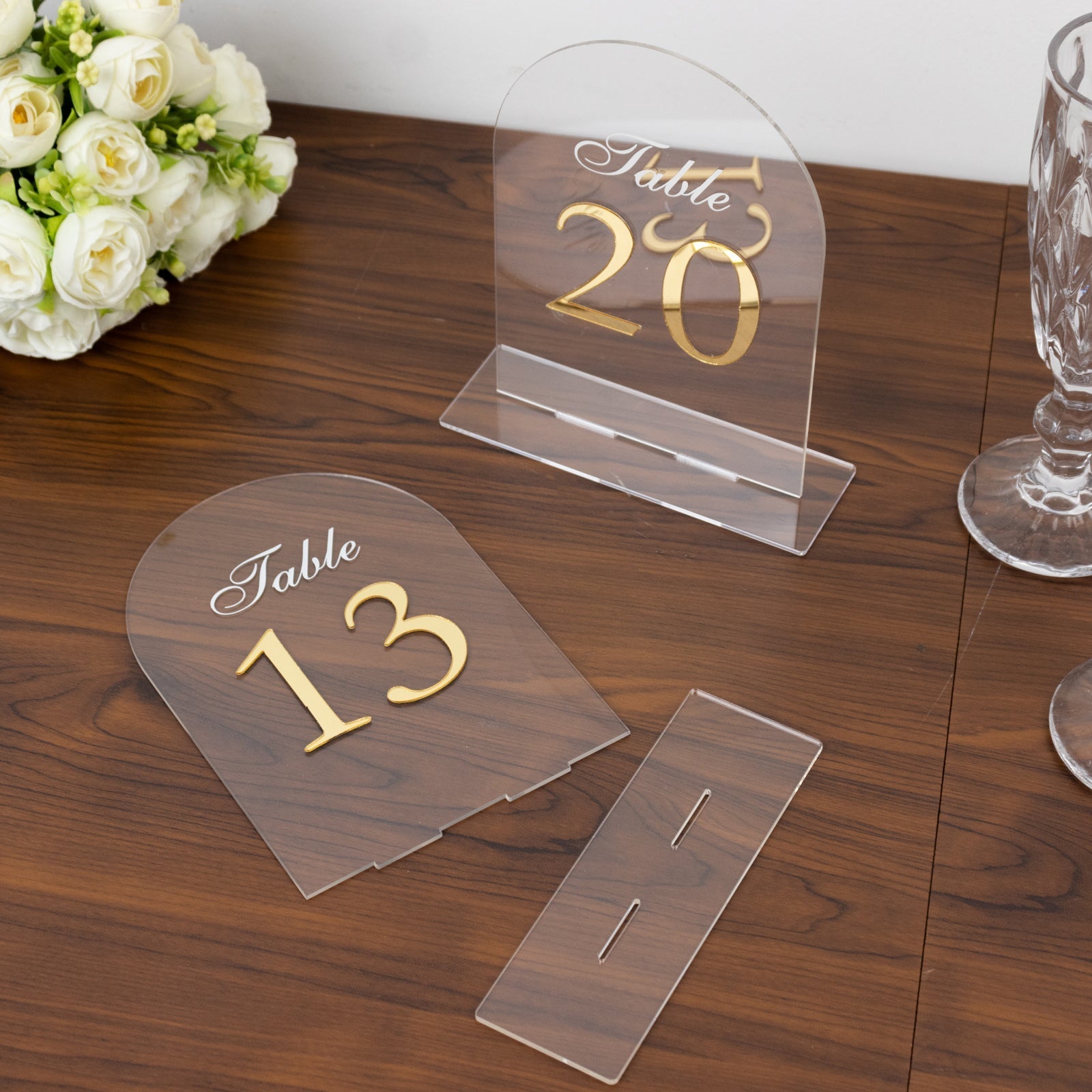 Clear Arch Acrylic Table Numbers (11 - 20) - 6"x7" Wedding Reception Signs with Gold Print & Stands - Bell Racket Store