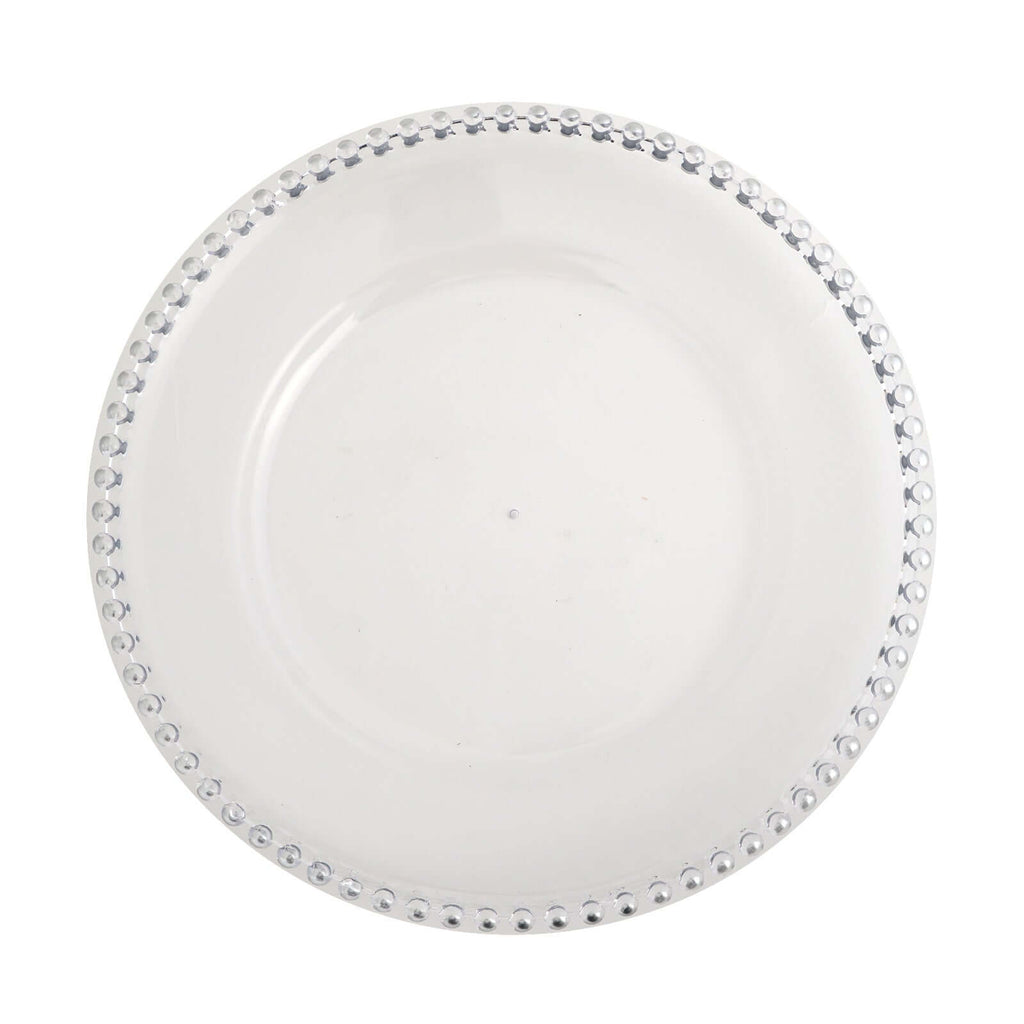 6-Pack Acrylic Round Charger Plates 13" in Clear with Silver Beaded Rim, Decorative Dinner Party Serving Plates