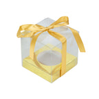 12 Pack 3.5" Clear Metallic Gold Disposable Cupcake Boxes With Ribbon Tie, Plastic Wedding Favor Boxes