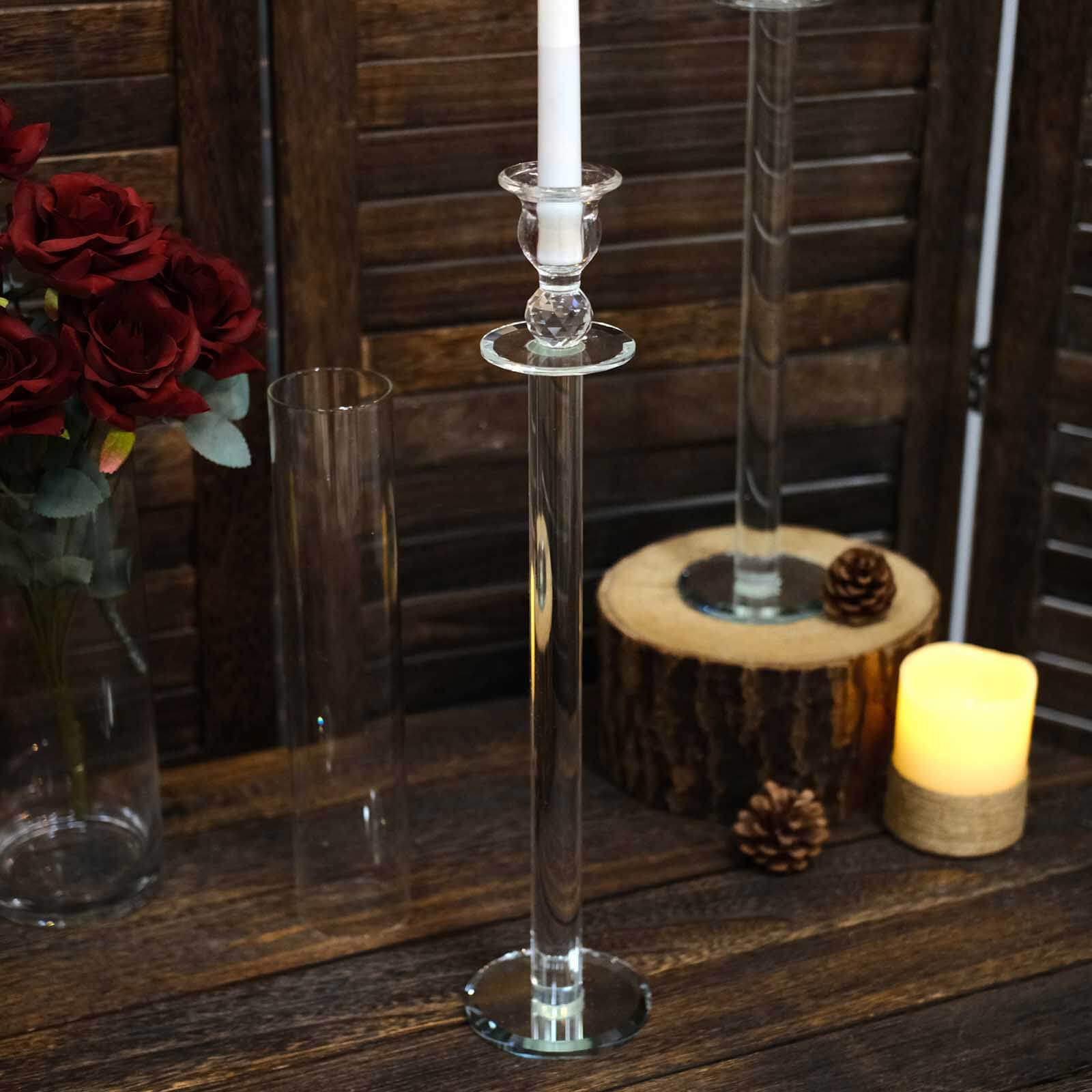 2-Pack Crystal Glass Hurricane Taper Candle Holders, Tall Decorative Candle Stands Clear Cylinder Chimney Tubes 26"