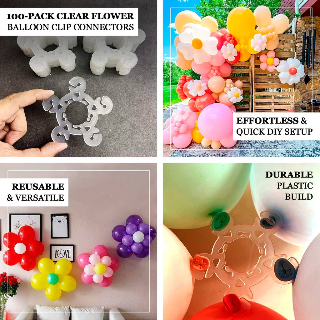Clear Flower - Shaped Balloon Clip Connectors â€“ 100 Pcs Plastic Clips for Balloon Arch, Garland & Party Decoration Supplies - Bell Racket Store