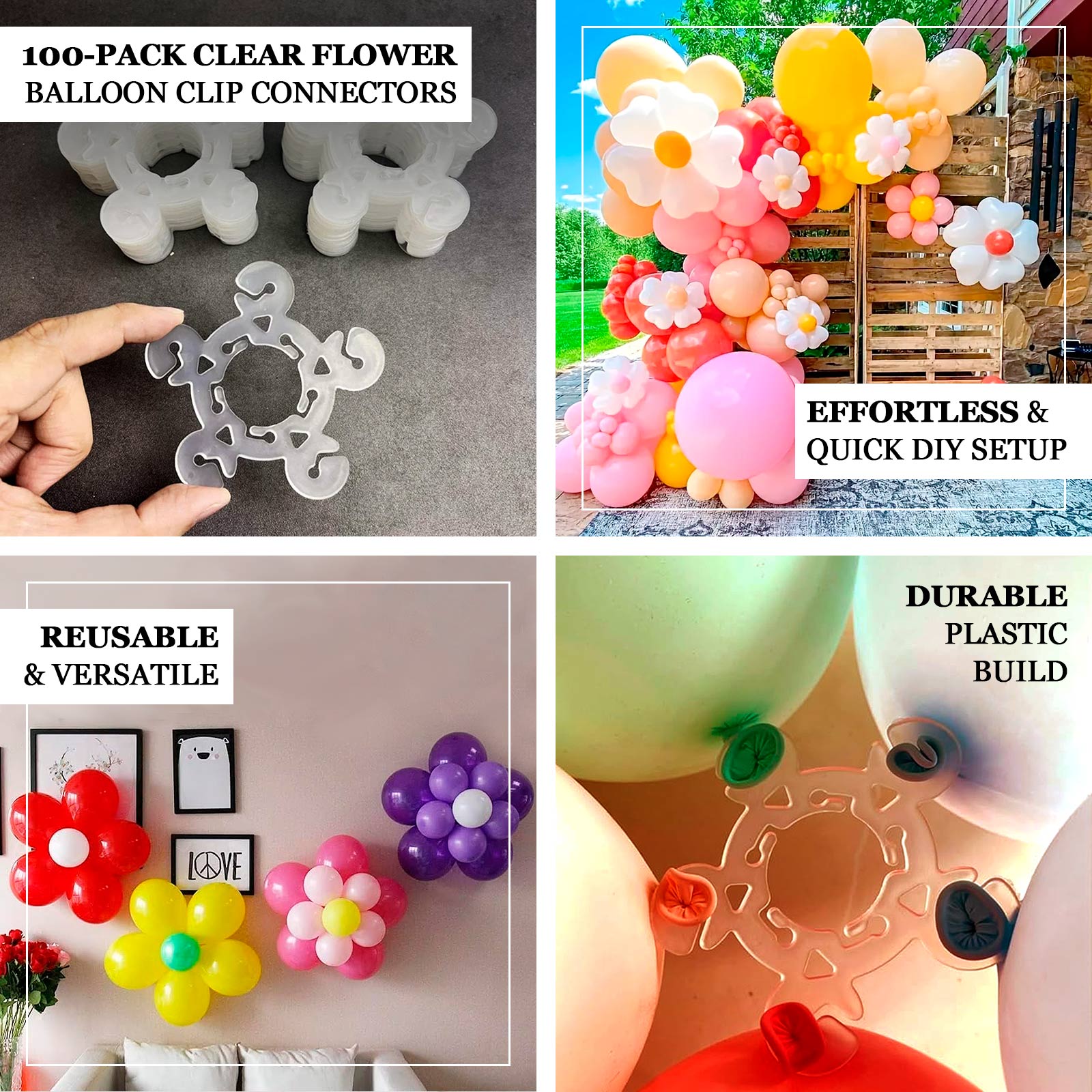 Clear Flower - Shaped Balloon Clip Connectors â€“ 100 Pcs Plastic Clips for Balloon Arch, Garland & Party Decoration Supplies - Bell Racket Store