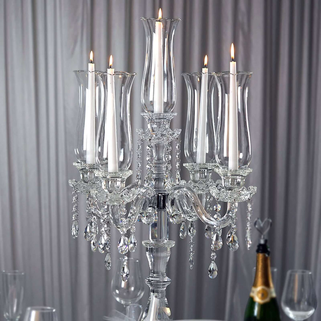 5 Arm Crystal Glass Taper Candle Holder Candelabra, Stylish Table Centerpiece With Chandelier Chains 32"