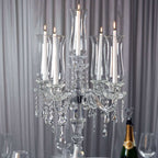 5 Arm Crystal Glass Taper Candle Holder Candelabra, Stylish Table Centerpiece With Chandelier Chains 32"