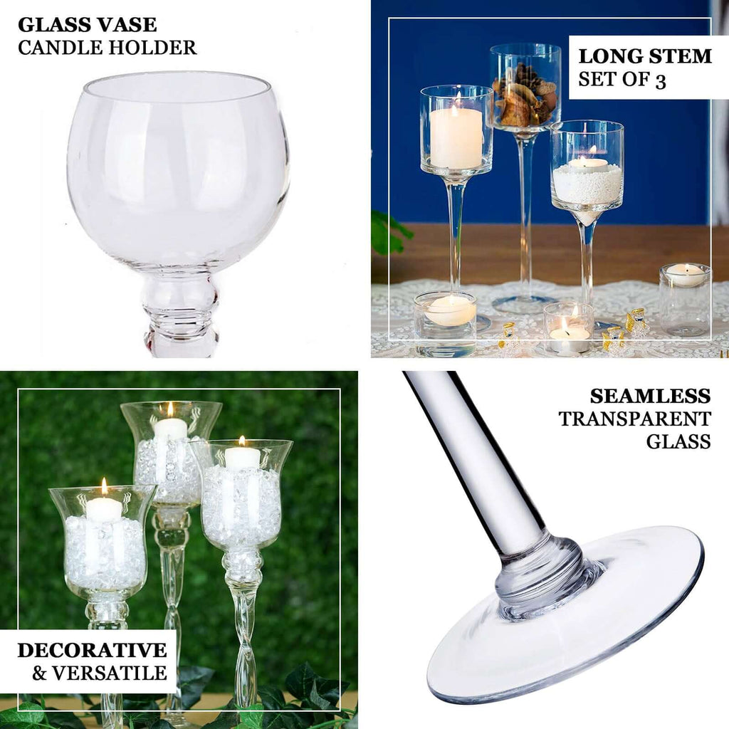 Set of 3 Glass Cylinder Vases Long Stem Clear - Decorative Candle Holder Floral Centerpieces 12", 14", 16"