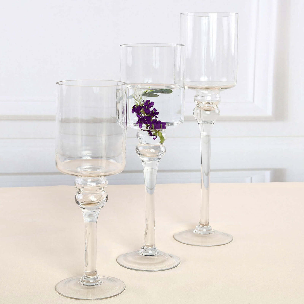 Set of 3 Glass Cylinder Vases Long Stem Clear - Decorative Candle Holder Floral Centerpieces 12", 14", 16"