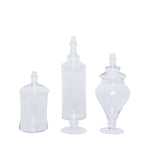 Set of 3 Glass Candy Jars Modern Apothecary Design Clear with Snap-On Lids - Stylish Party Favor Containers 9"/13"/14"