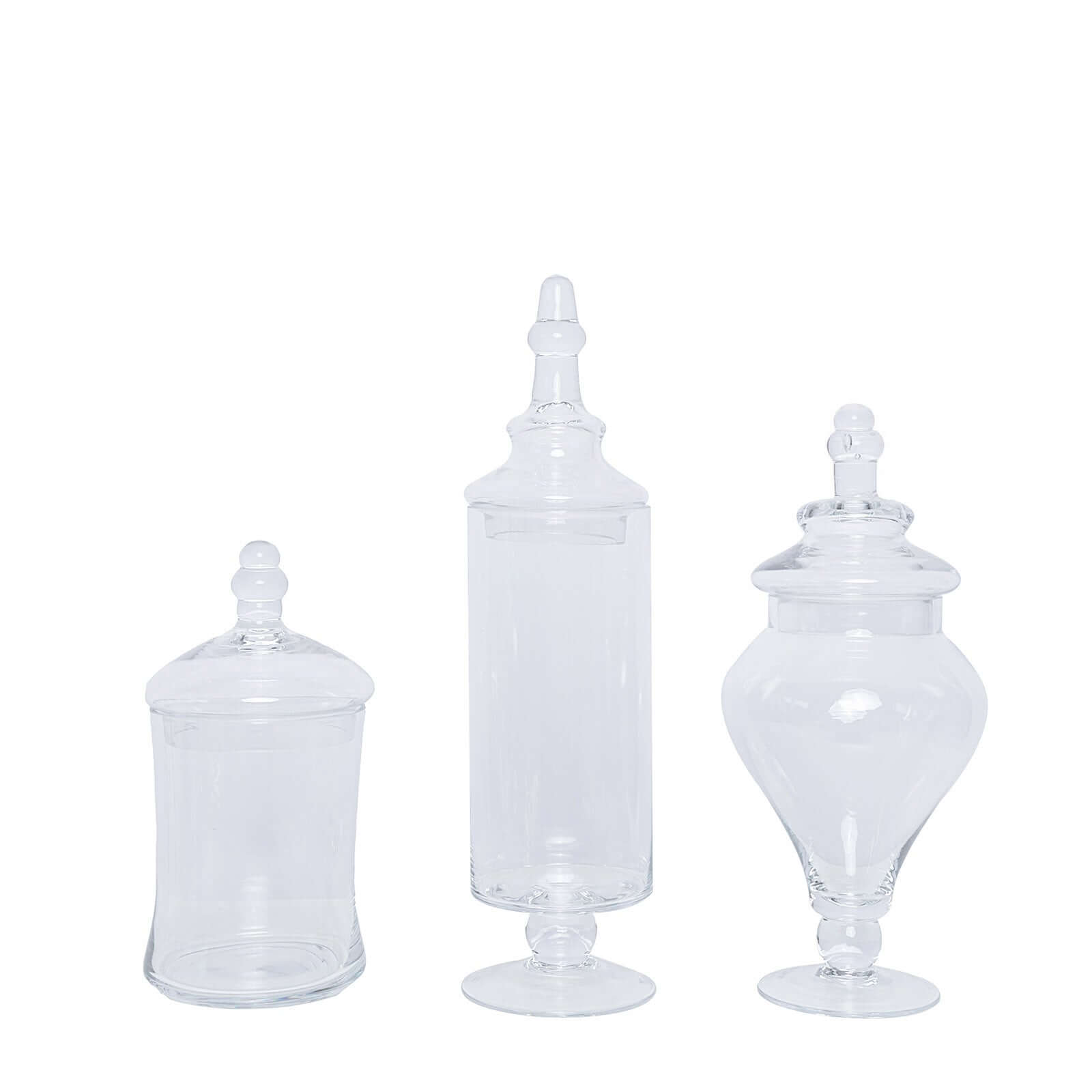 Set of 3 Glass Candy Jars Modern Apothecary Design Clear with Snap-On Lids - Stylish Party Favor Containers 9"/13"/14"