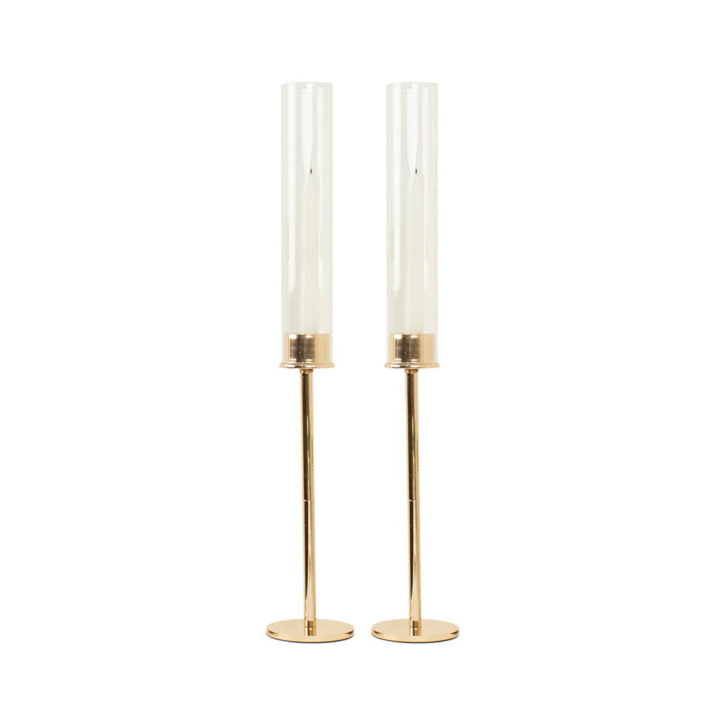 2-Pack Gold Metal Taper Candlestick Holders, Clear Glass Hurricane Candle Stands With Chimney Candle Shades 20"