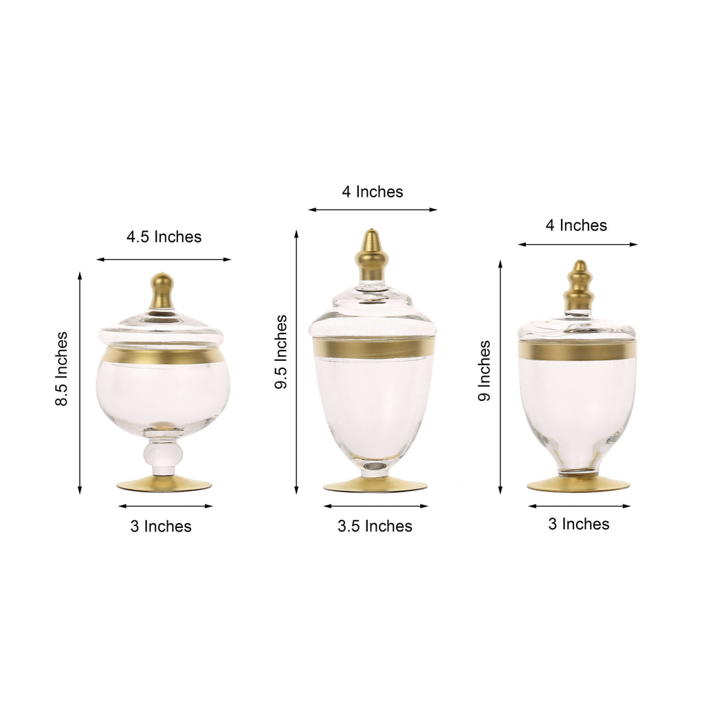 Set of 3 Glass Jars Apothecary Design Clear with Gold Trim and Snap-On Lids - Stylish Decorative Candy Buffet Storage 8.5", 9", 10"