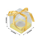 12 Pack 3.5" Clear Metallic Gold Disposable Cupcake Boxes With Ribbon Tie, Plastic Wedding Favor Boxes