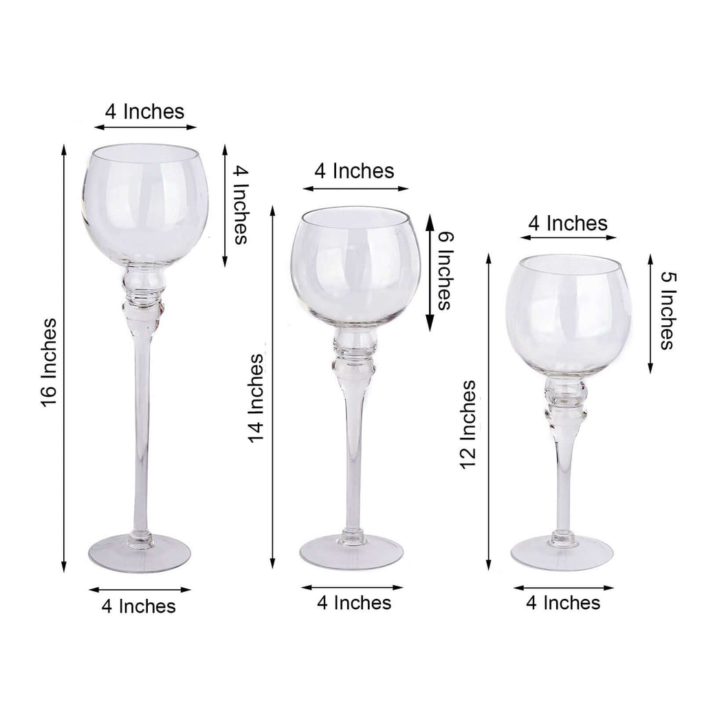 Set of 3 Glass Globe Vases Long Stem Clear - Stylish Candle Holder Floral Centerpieces 12", 14", 16"