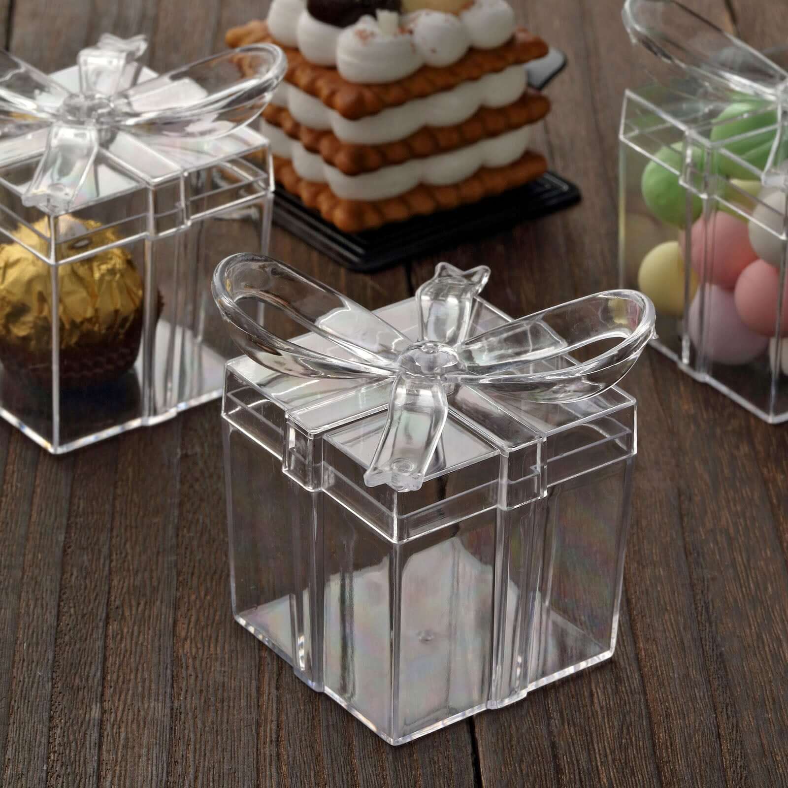 12 Pack 3" Square Clear Bow Top Plastic Party Favor Boxes, Transparent Candy Container Gift Boxes