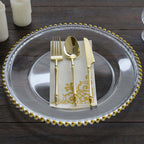 8-Pack Glass Round Charger Plates 12" Clear with Gold Beaded Rim, Event Tabletop Decorative Dinner Charger Tableware