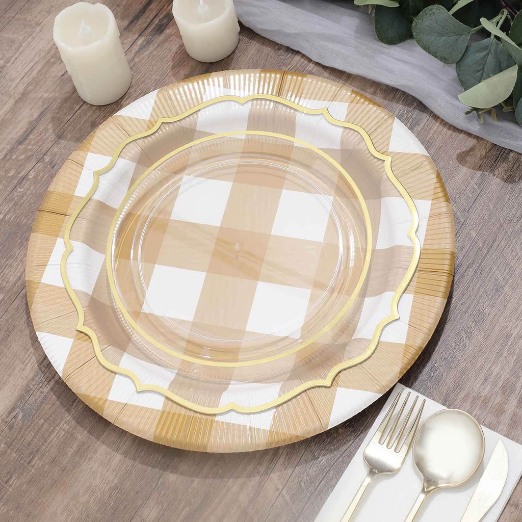 10-Pack Disposable Paper Charger Plates â€“ Gold/White Buffalo Plaid 13" Round Table Chargers, 350 GSM Cardstock