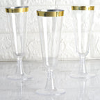 12-Pack Plastic Champagne Flutes Clear with Gold Rim - Stylish Disposable Cocktail Glasses for Parties 5oz 6"