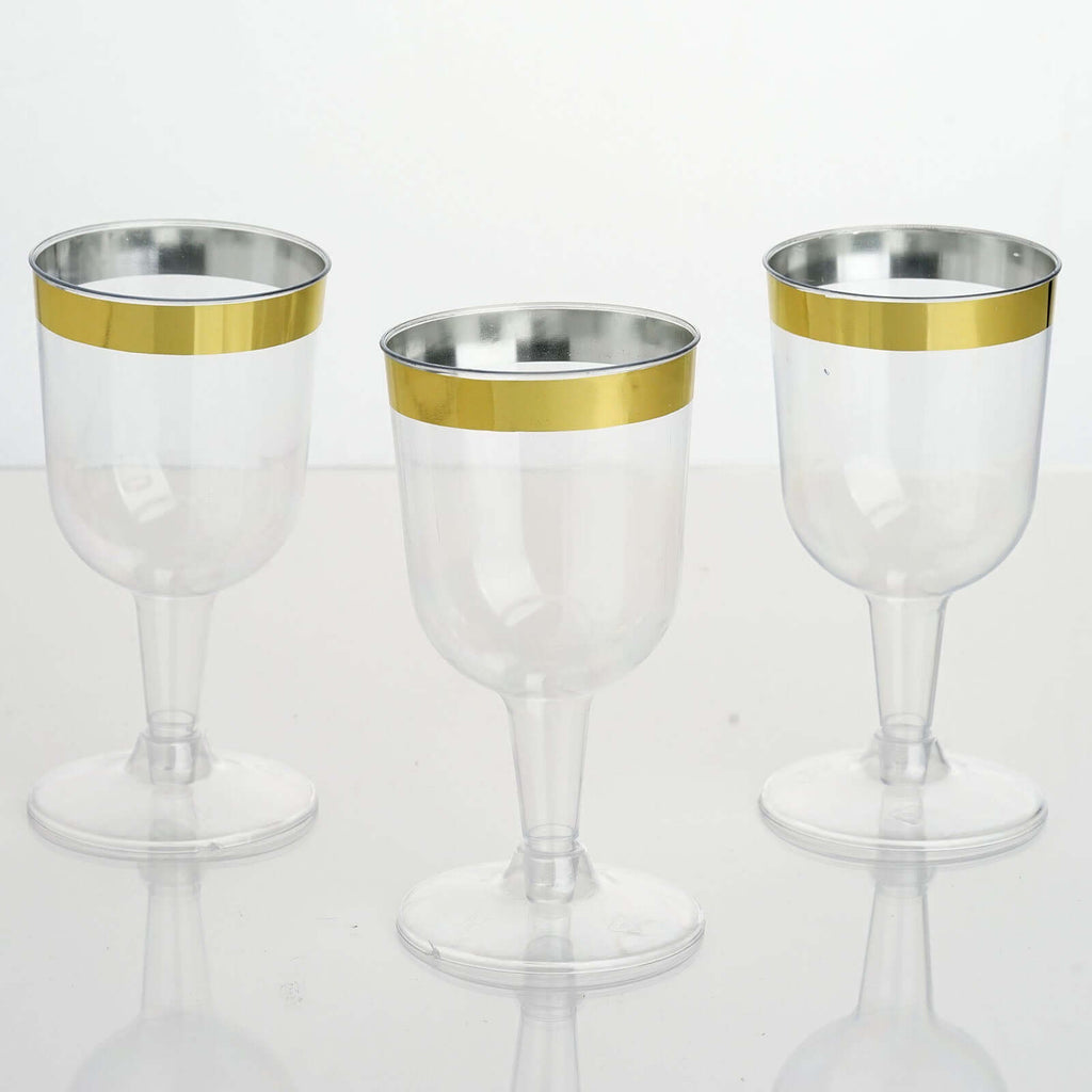 12-Pack Plastic Short Stem Wine Glasses Clear/Gold Rim - Stylish Disposable Drinkware 6oz