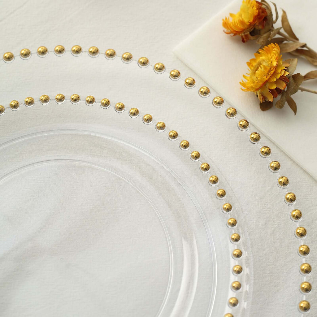 10-Pack Clear Plastic Dessert Plates â€“ 8" Round with Gold Beaded Rim, Disposable for Parties & Events