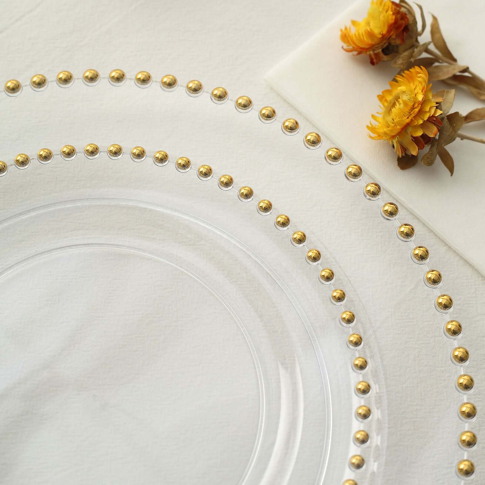 10-Pack Clear Plastic Dessert Plates â€“ 8" Round with Gold Beaded Rim, Disposable for Parties & Events