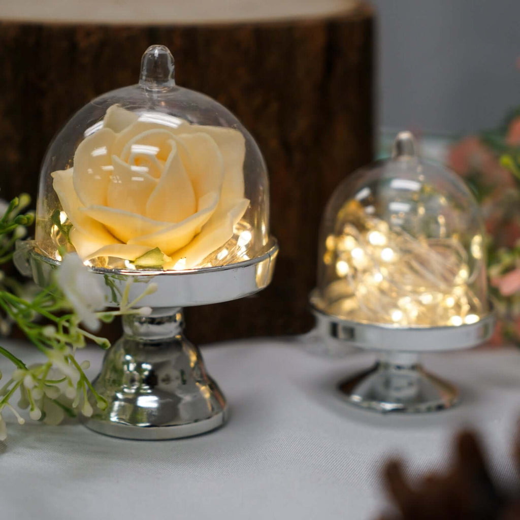 12-Pack Fillable Mini Pedestal Candy Container Clear/Silver - Decorative Candy Treat Favor Boxes with Dome Lid 4"
