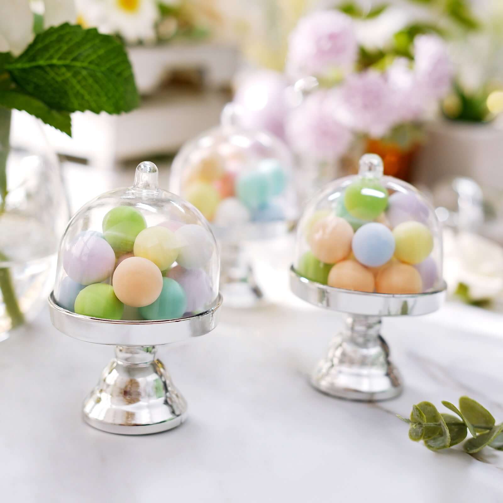 12-Pack Fillable Mini Pedestal Candy Container Clear/Silver - Decorative Candy Treat Favor Boxes with Dome Lid 4"