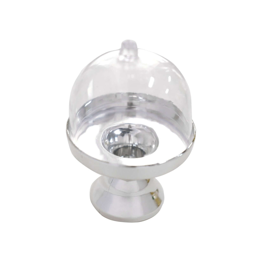12-Pack Fillable Mini Pedestal Candy Container Clear/Silver - Decorative Candy Treat Favor Boxes with Dome Lid 4"