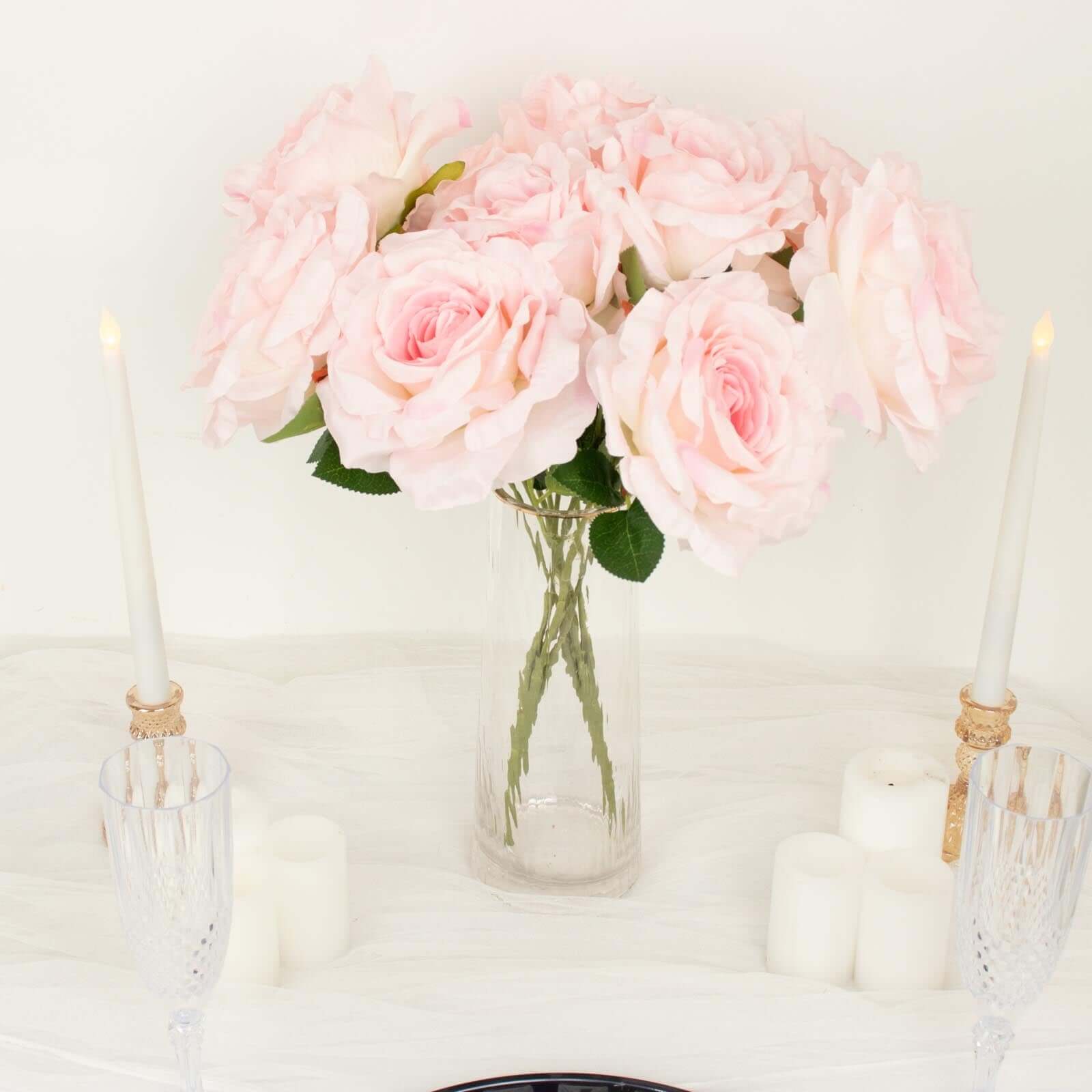 2 Bushes 17" Blush Premium Silk Jumbo Rose Flower Bouquet, High Quality Artificial Wedding Floral Arrangements