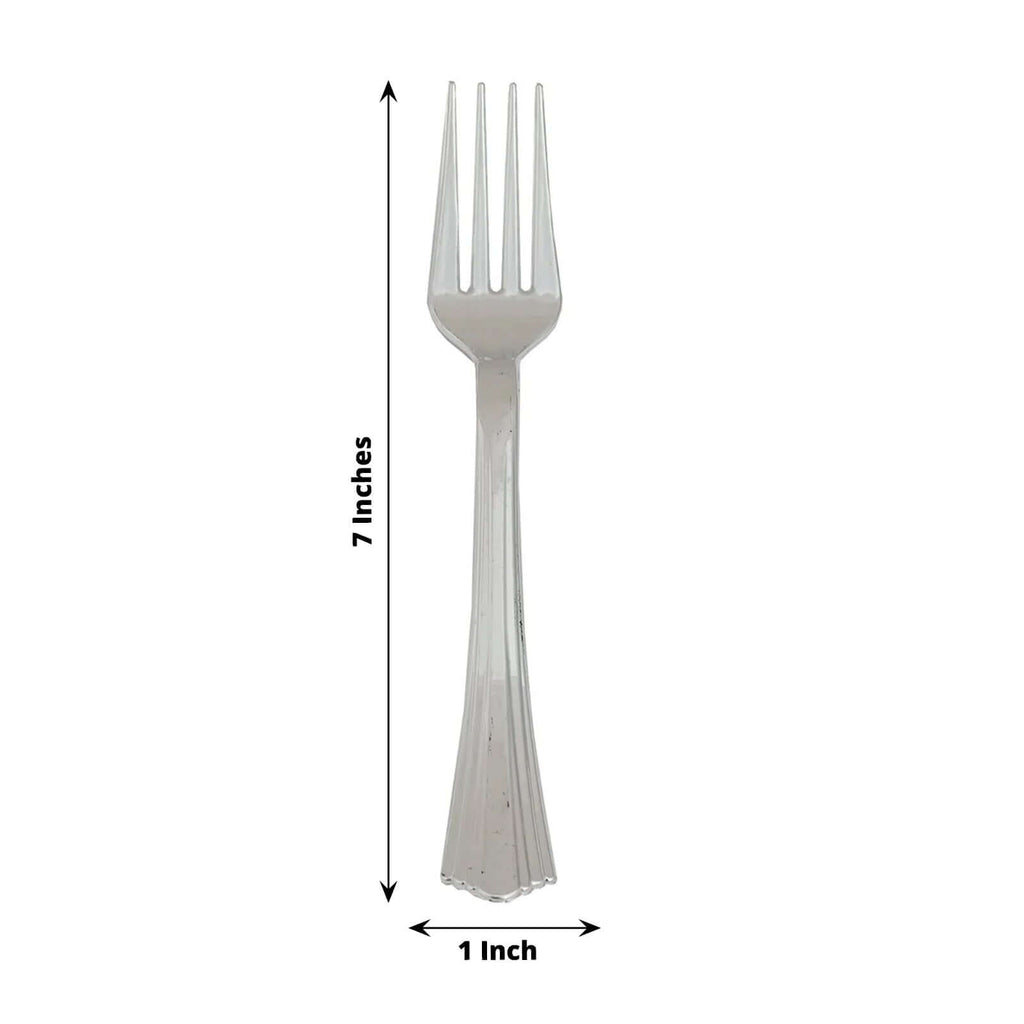 25-Pack Plastic Forks Silver Heavy Duty with Fluted Handles - Durable Disposable Tableware 7"