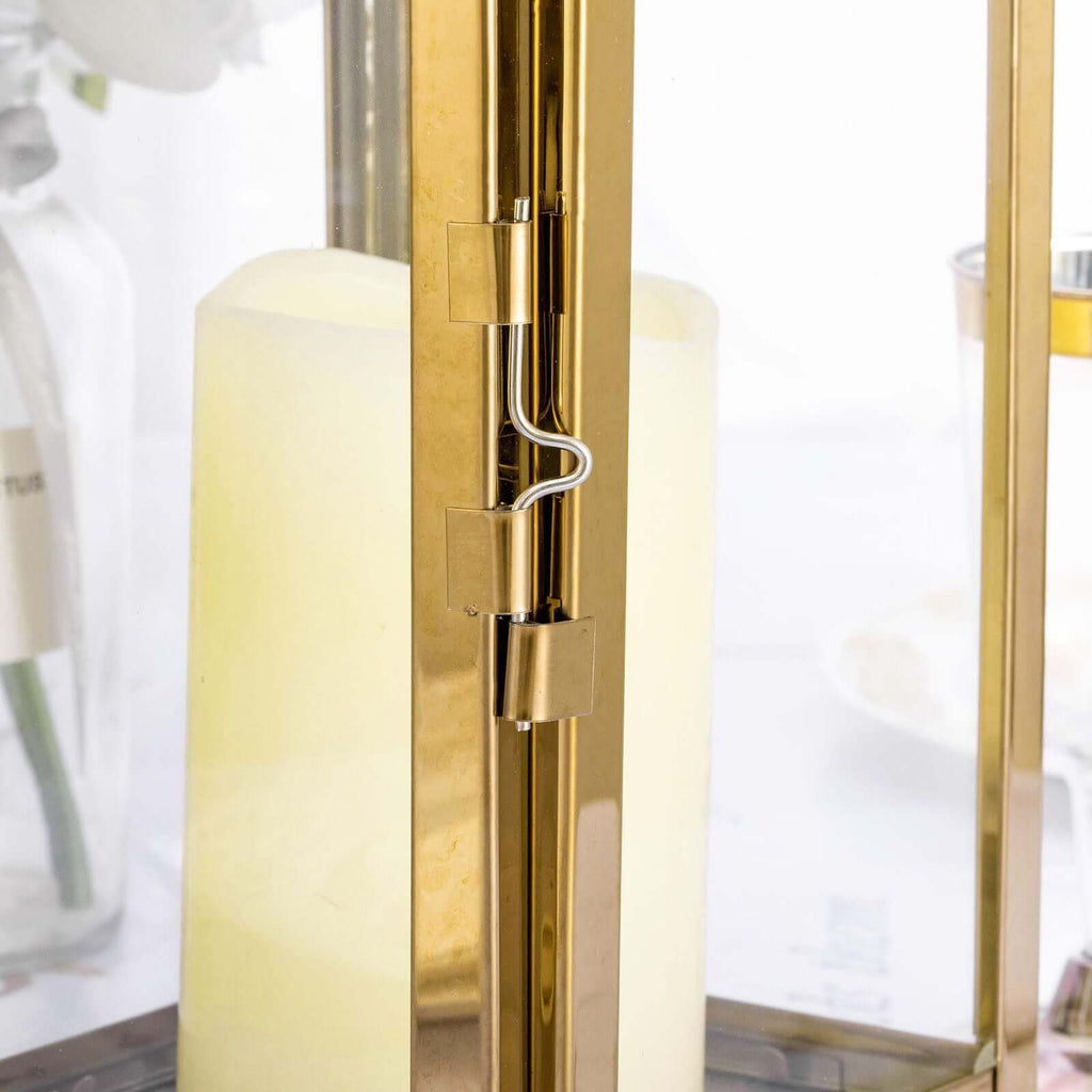 Stainless Steel Candle Lantern Crown Top Design Gold - Outdoor Metal Patio Lantern Centerpiece 14"