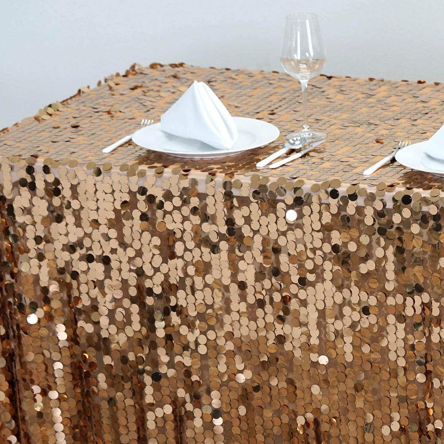 Sequin 90"x132" Rectangle Tablecloth Gold - Seamless Big Payette Design for Sophisticated Occasions