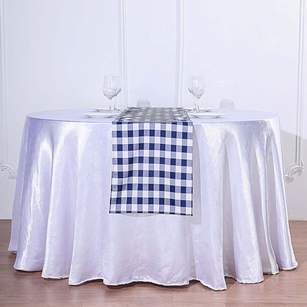 Polyester 14"x108" Table Runner Navy Blue/White - Gingham Plaid Design