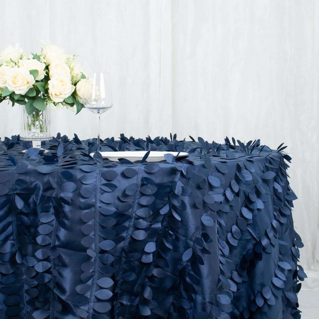 Taffeta 132" Round Tablecloth Navy Blue | 3D Leaf Petal Design Seamless Table Cover