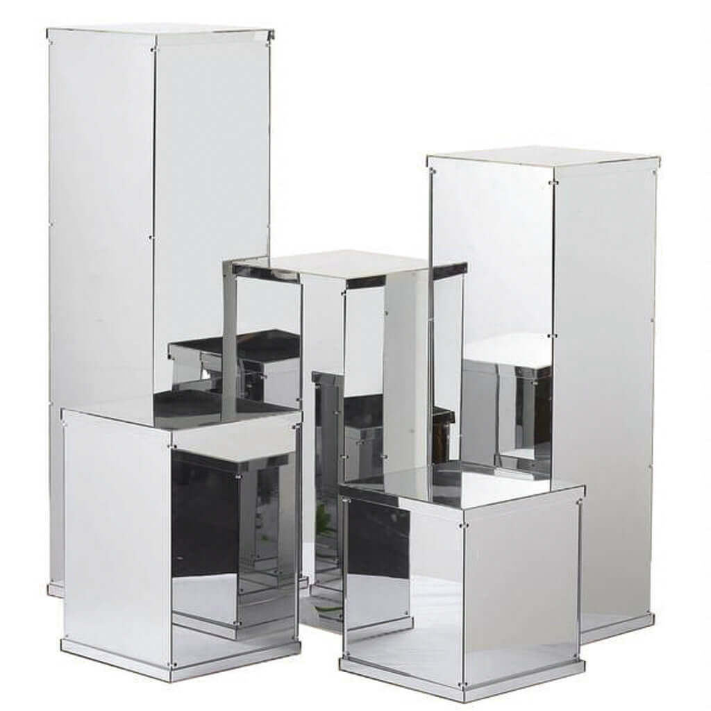 32" Silver Mirror Finish Acrylic Display Box, Pedestal Riser with Interchangeable Lid and Base