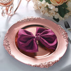 6-Pack Acrylic Round Charger Plates 13" in Rose Gold with Embossed Baroque Rim, Antique Decorative Dinner Party Charger Tableware