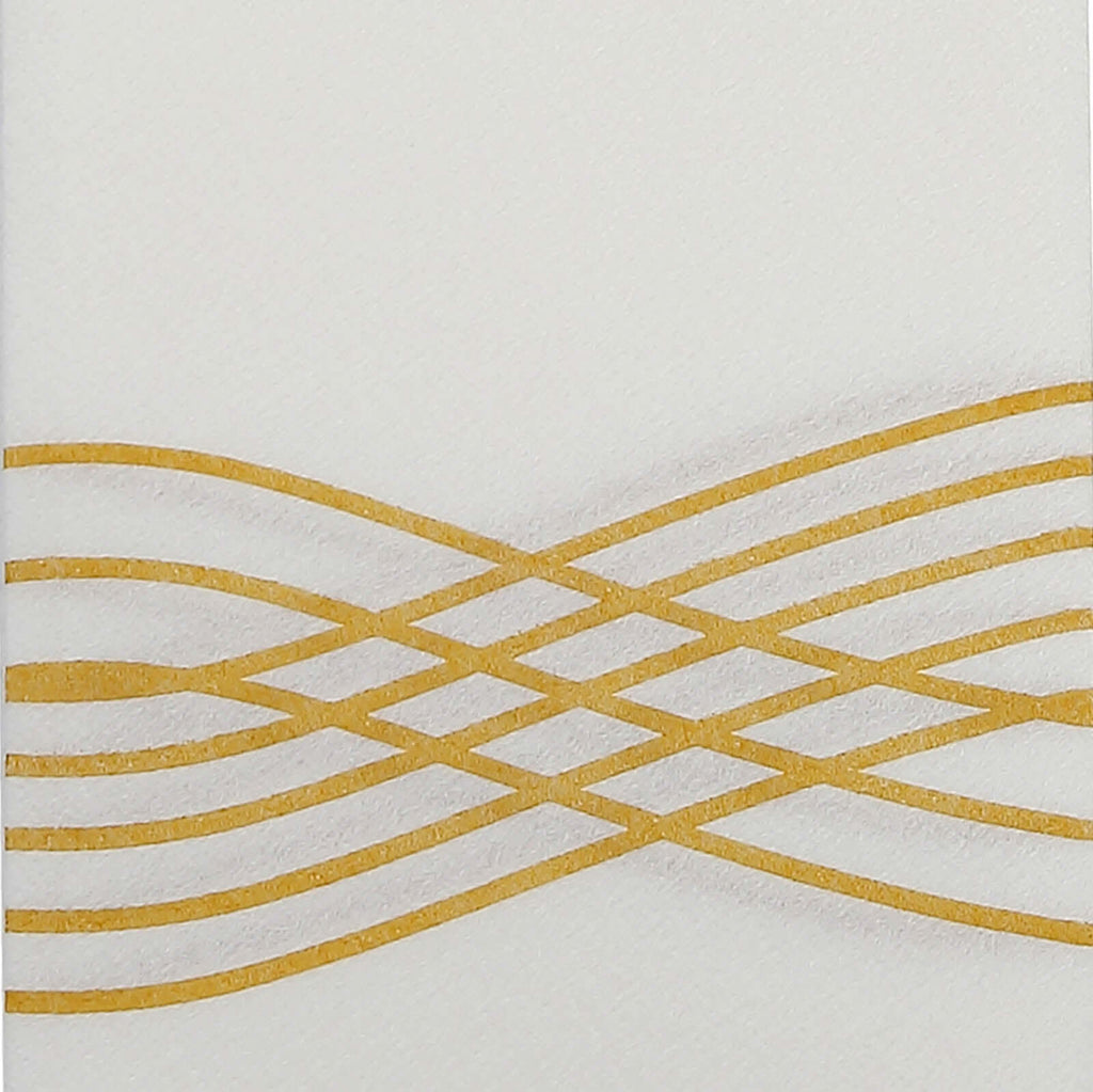25 Pack Linen-Like Paper 8"x4" Napkins White with Metallic Gold Foil Wave Design - Soft & Absorbent Airlaid Hand Towels for Exquisite Weddings & Events