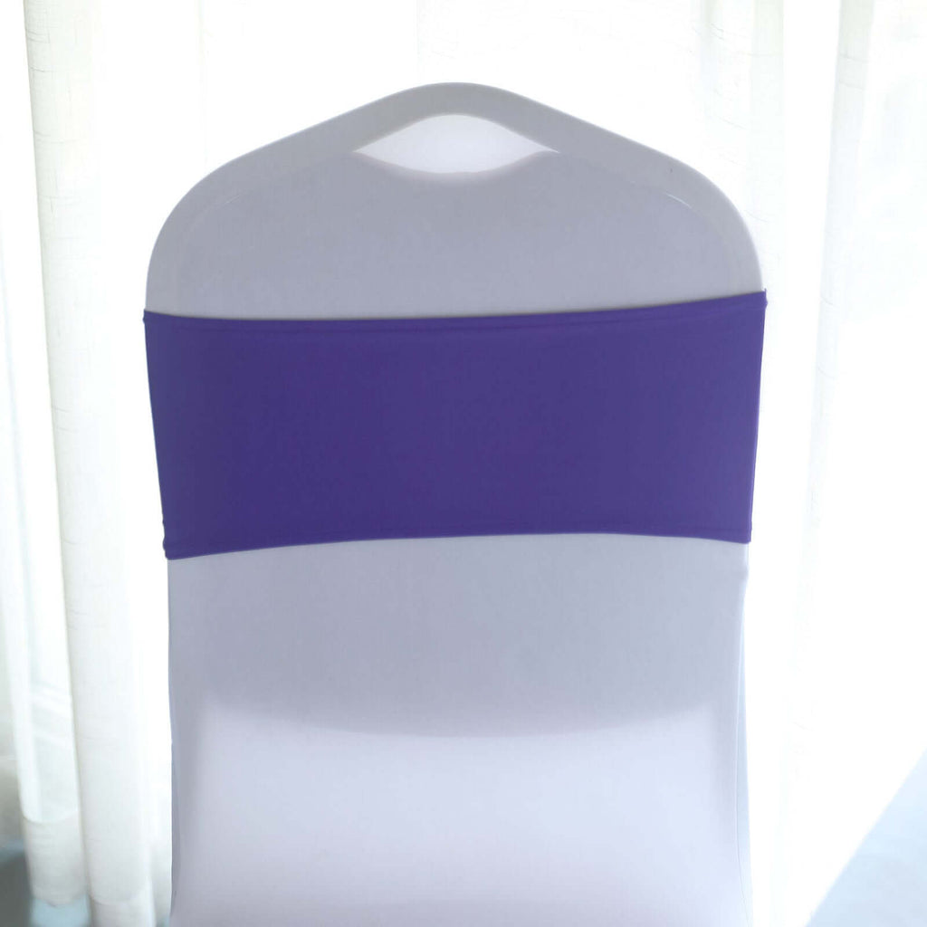5 Pack Stretch Spandex Chair Sashes Purple - Reusable Chair Bands with Silver Diamond Ring Slide Buckle 5"x14"